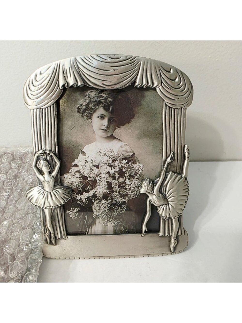 Vtg Free Standing Pewter Ballerina Theater Curtain Theme Photo Picture Frame